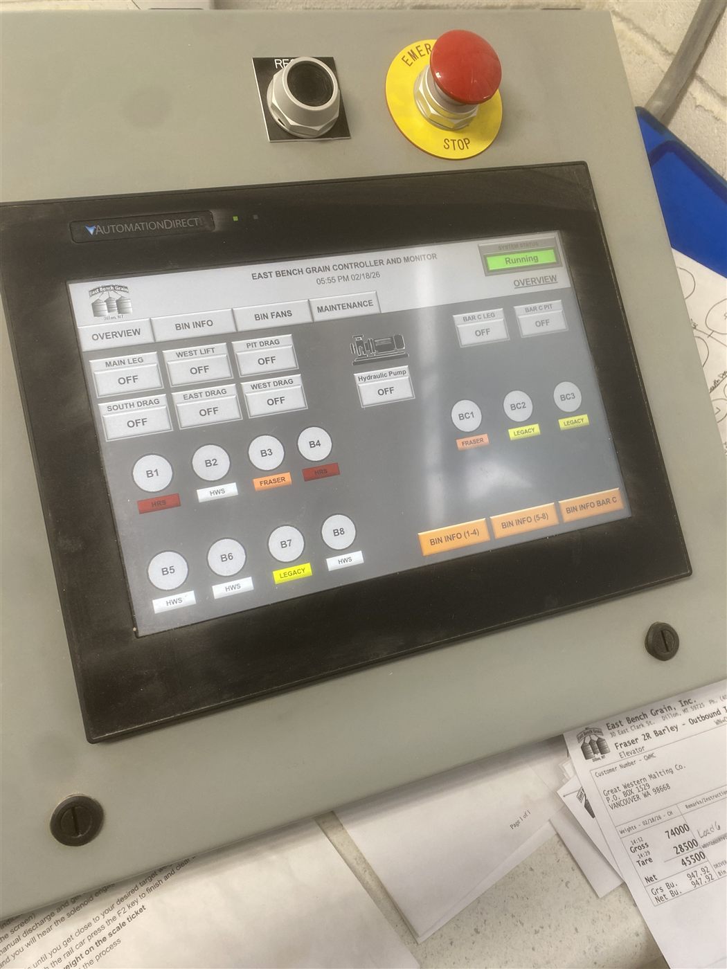 Custom touchscreen HMI: East Bench Grain Controller and Monitor